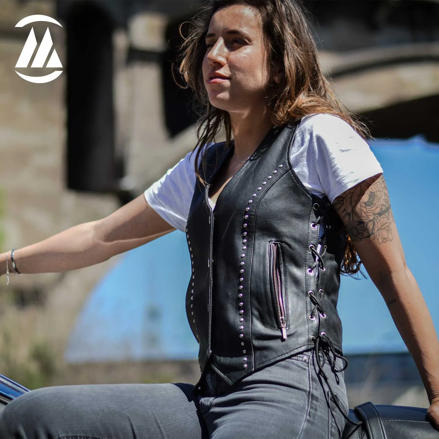 Nathalie Women's Leather Vest front with model