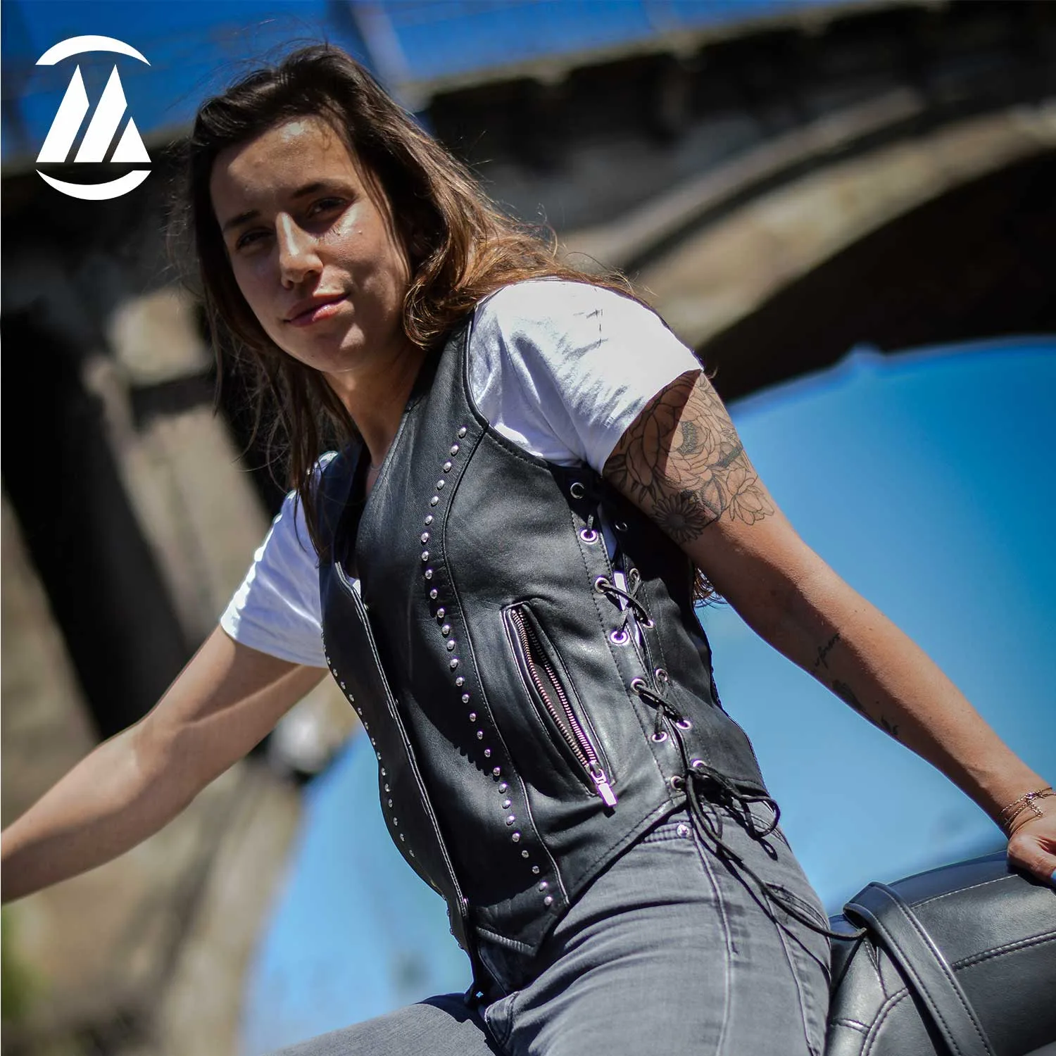 Women's Leather Vest front with model