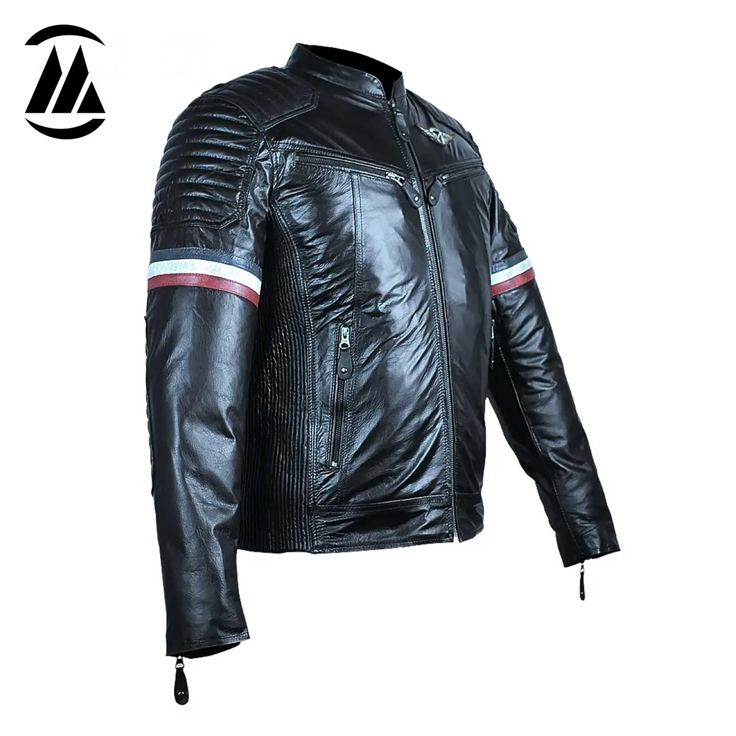 Side view of Leather Biker Jacket showing leather sleeve stripes