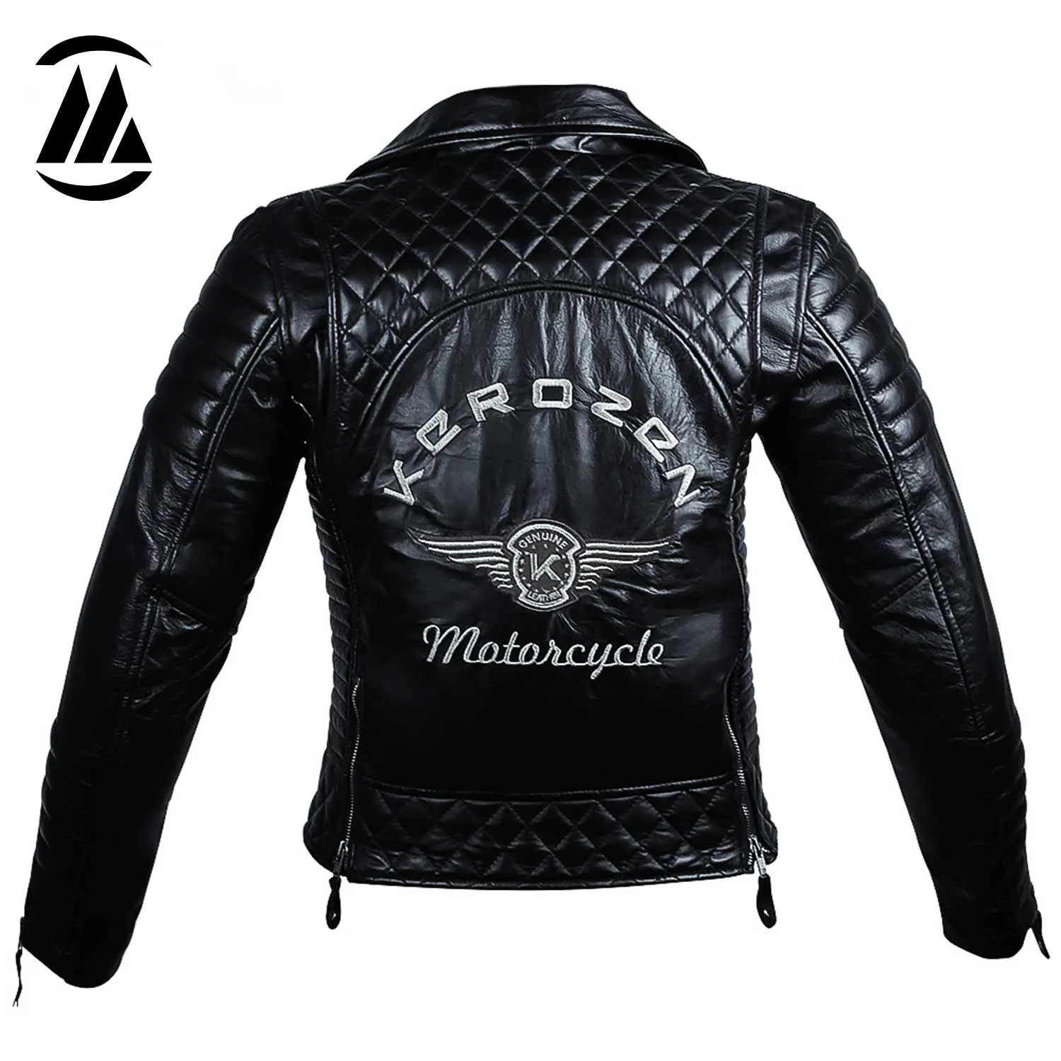 Back view of women's Rockstar Biker Jacket with quilted design and adjustable brass zipper belt