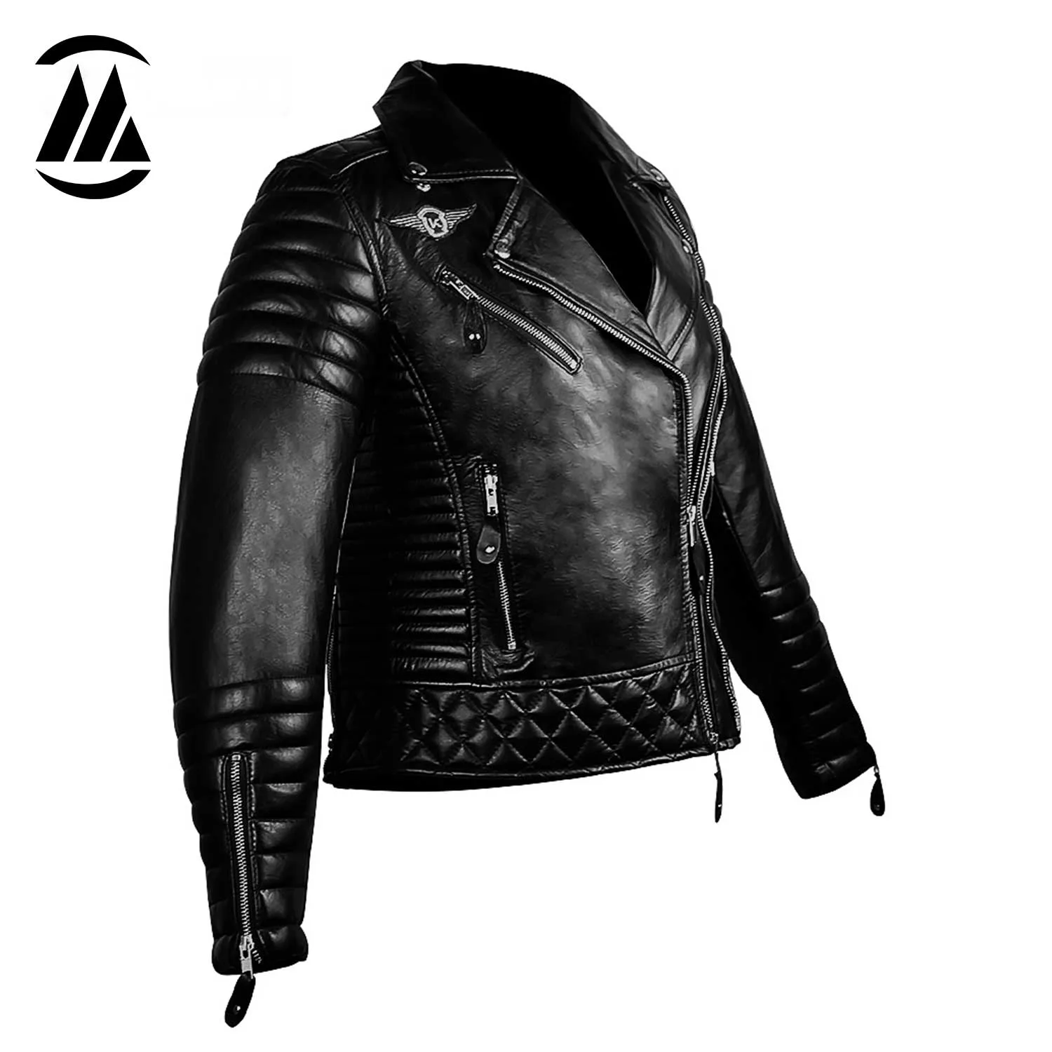 Left side view of women's sheepskin leather biker jacket with quilted sleeves and brass zipper cuffs